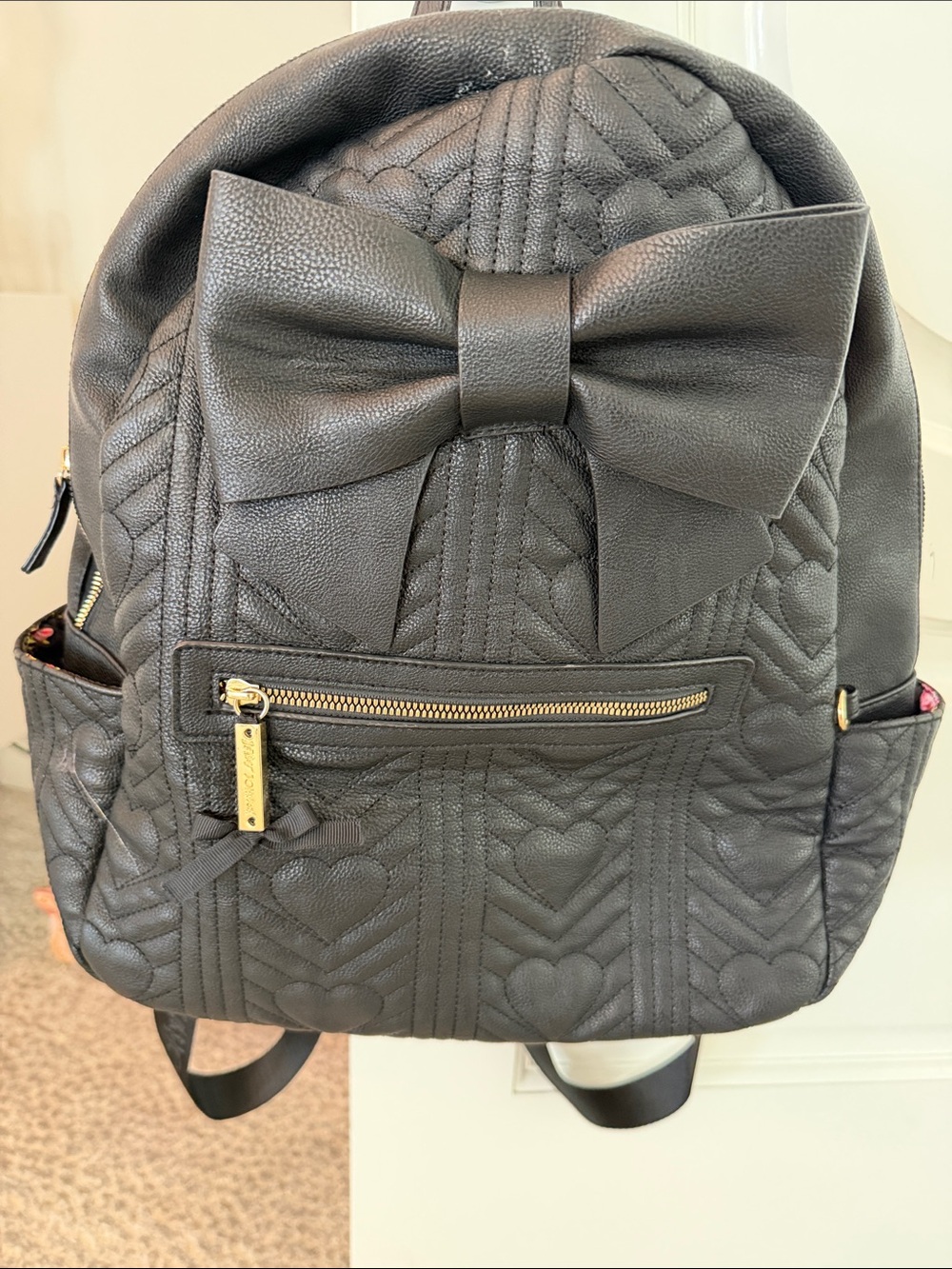 Quilted Bow Accent Black Backpack